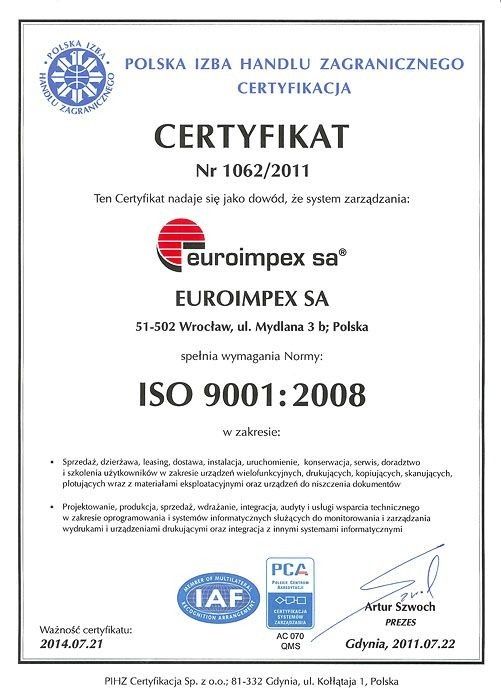 ISO 9001:2008 w Euroimpex SA