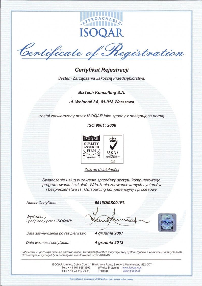 BizTech uzyskał wyższy certyfikat zarządzania jakością ISO 9001:2009