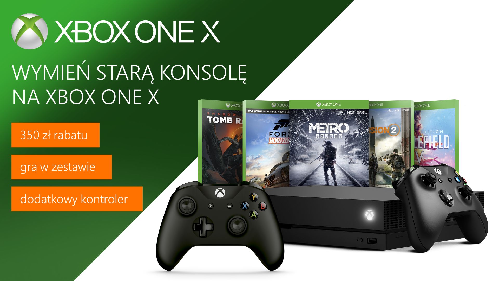 Wymień starą konsolę na Xbox One X i odbierz zniżkę 350 zł na zestaw z grą i dodatkowy kontroler