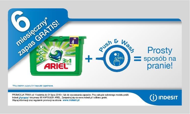 Kup pralkę lub pralko-suszarkę z linii Innex marki Indesit  i odbierz zapas tabletek Ariel na 6 miesięcy gratis!