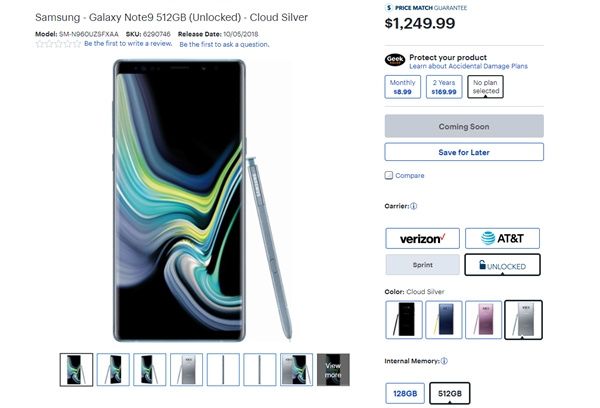 Samsung Galaxy Note 9 w wersji srebrnej dostępna w Stanach