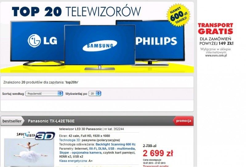 TOP 20 telewizorów w Euro.com.pl - nawet 600 zł taniej