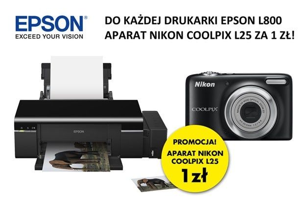 Drukarka fotograficzna Epson L800 + aparat Nikon za złotówkę