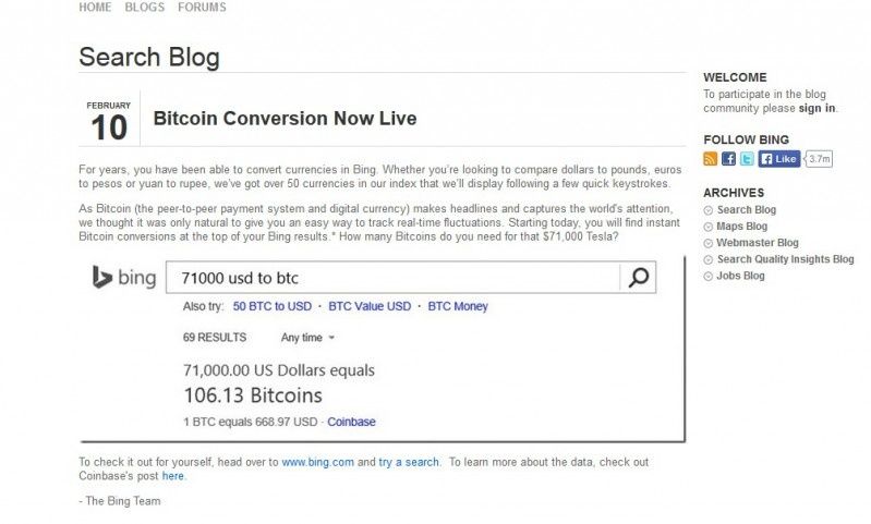 Bing dodał możliowść przeliczania waluty na Bitcoiny