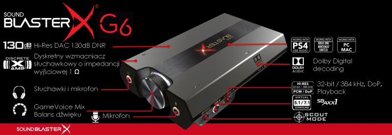 Zewnętrzna karta dźwiękowa USB DAC Sound BlasterX G6 + Balans dźwięku GameVoice Mix stworzony do konsol dla graczy